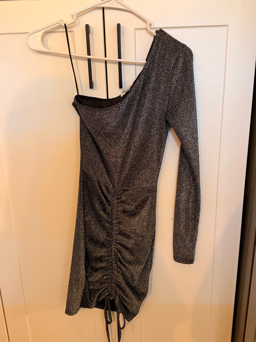 REVOLVE Metallic Charcoal One-Shoulder Ruched Mini Dress